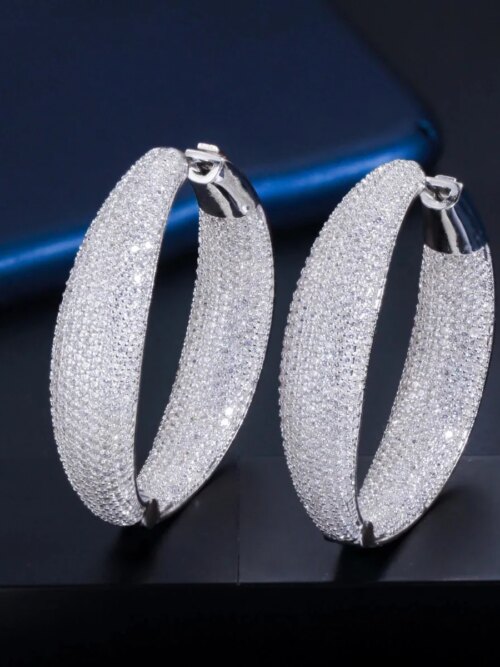 boucles d oreilles mariée rondes en zircon cubique, Micro pavé, grande déclaration, cerceau couleur argent