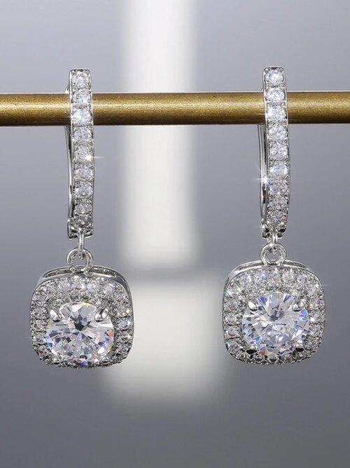boucles d oreilles mariée pendantes de forme carrée pour femmes, bijoux de fiançailles brillants