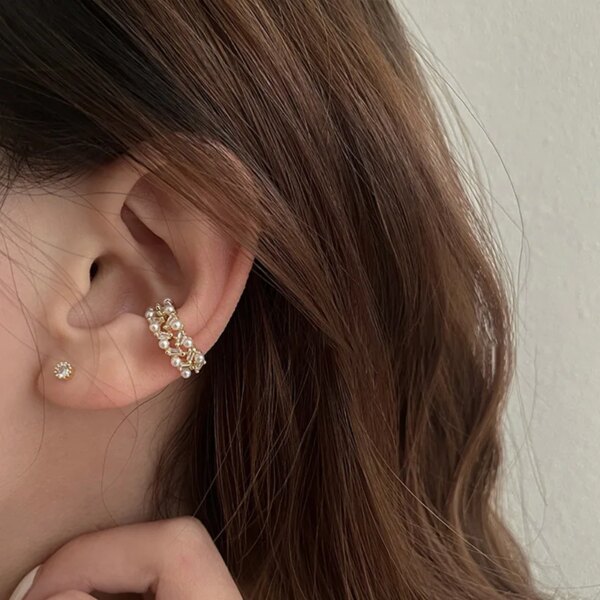 Boucle d oreille 2 trous clip perle double couche pour femmes et filles, manchette d'oreille de luxe