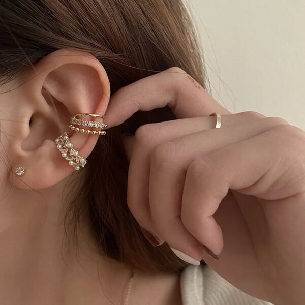 Boucle d oreille 2 trous clip perle double couche pour femmes et filles, manchette d'oreille de luxe