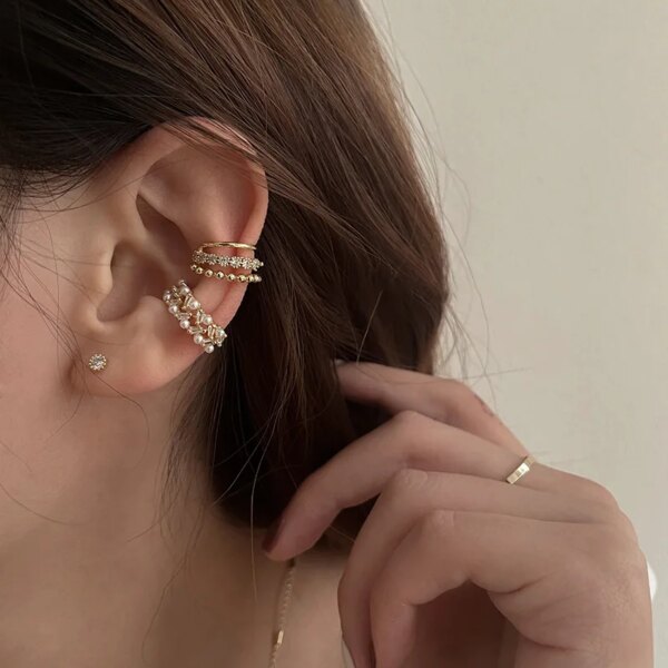 Boucle d oreille 2 trous clip perle double couche pour femmes et filles, manchette d'oreille de luxe