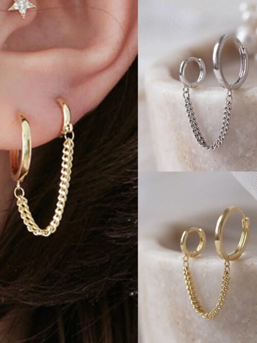 71180-4d30fc.jpg Boucle d oreille 2 trous Punk Cool à deux trous, couleur or argent, longue chaîne à pampilles