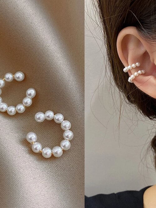 boucle d oreille perle clip en forme de C pour femmes, manchette d'oreille en perles, non perçantes