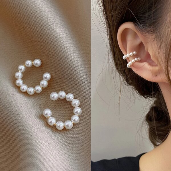 boucle d oreille perle clip en forme de C pour femmes, manchette d'oreille en perles, non perçantes