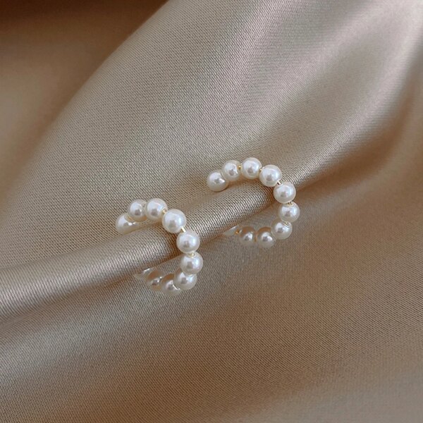 boucle d oreille perle clip en forme de C pour femmes, manchette d'oreille en perles, non perçantes
