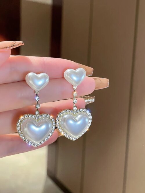 boucle d oreille perle en forme de grand cœur pour femme, bijoux en forme de sirène, pendentif en perles, style coréen
