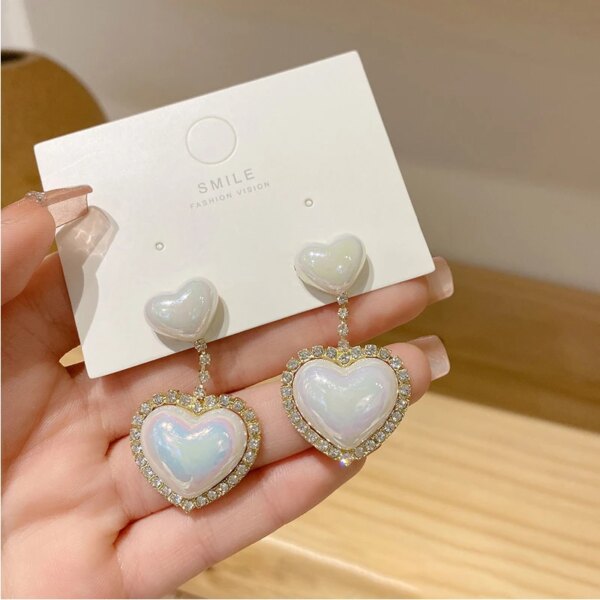 boucle d oreille perle en forme de grand cœur pour femme, bijoux en forme de sirène, pendentif en perles, style coréen