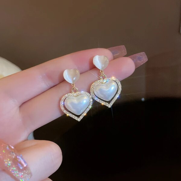 boucle d oreille perle en forme de grand cœur pour femme, bijoux en forme de sirène, pendentif en perles, style coréen