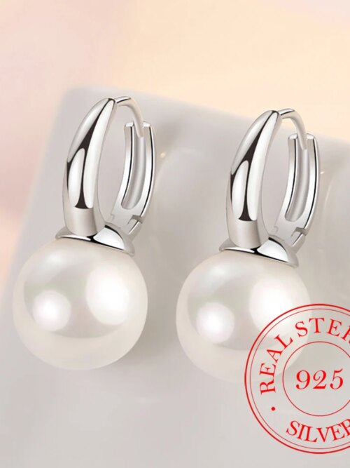 boucle d oreille perle en argent Sterling 925 de 12MM avec perles rondes pour femmes et filles