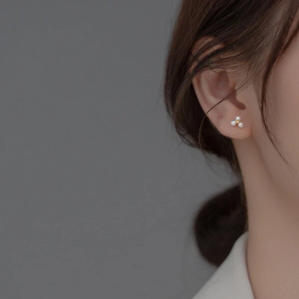 boucle d oreille perle classiques simples en argent Sterling 925 avec trois petites perles synthétiques pour femmes