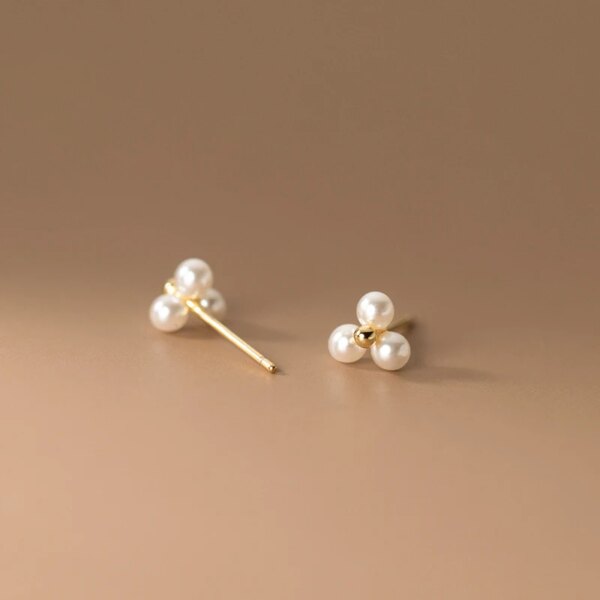 boucle d oreille perle classiques simples en argent Sterling 925 avec trois petites perles synthétiques pour femmes