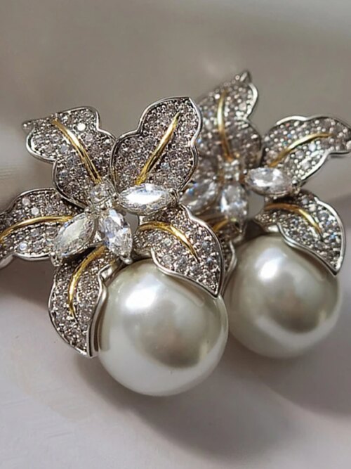 boucle d oreille perle en Imitation de perle de fleur magnifique pour femmes, luxe incrusté de pierre CZ étincelante