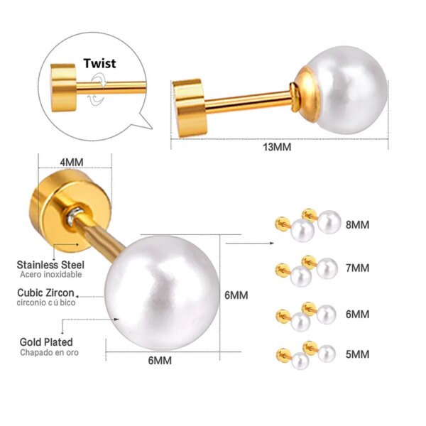 boucle d oreille perle en acier inoxydable pour femmes et filles, perles rondes de 6mm, Piercing à vis