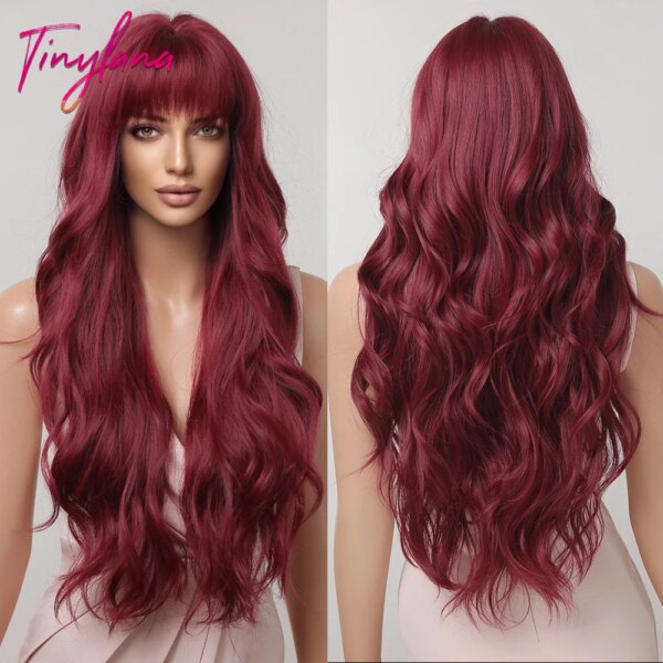 7226-ff6982.jpg Perruque synthétique longues ondulées bordeaux rouge foncé avec frange