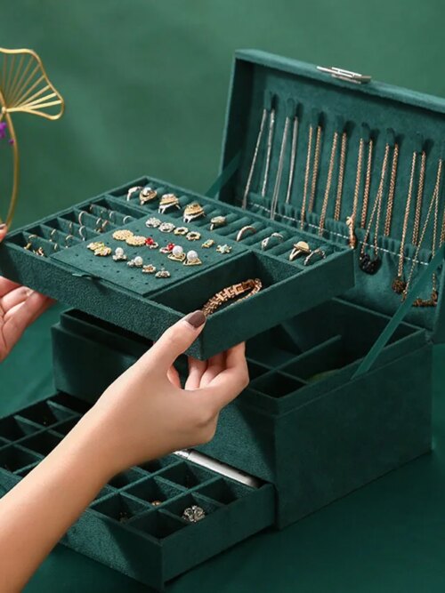 porte boucle d oreille Boîte à bijoux en velours vert avec serrure pour femme