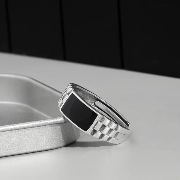 bague de fiançailles homme rectangulaire en cristal noir pour hommes