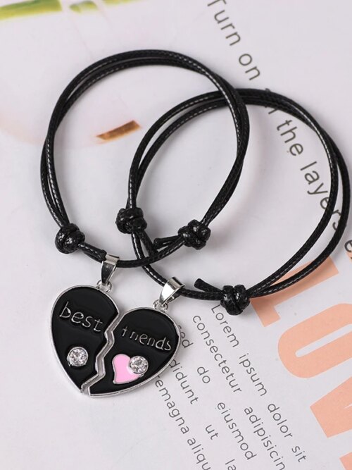 Bracelet amitié coeur pour meilleure amie, chaîne en cuir noir et blanc
