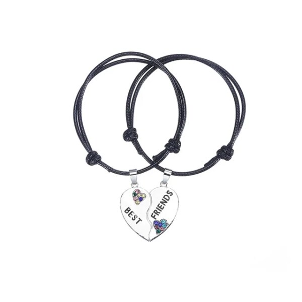 Bracelet amitié coeur pour meilleure amie, chaîne en cuir noir et blanc