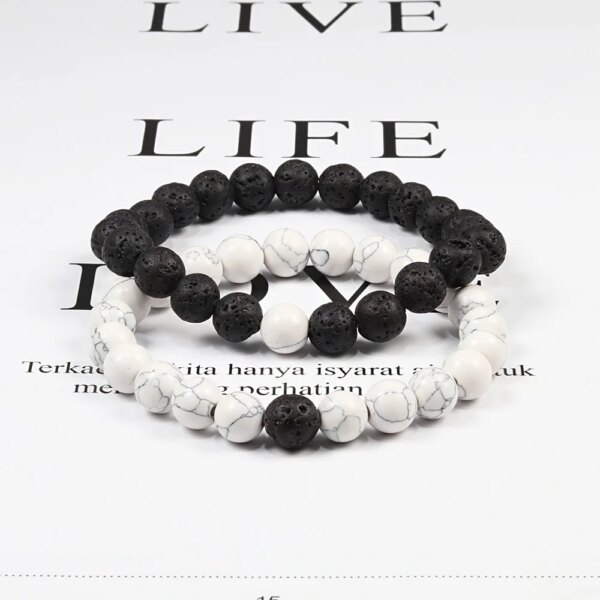 Bracelet amitié tressés à Distance pour Couples, pierres naturelles blanches et noires