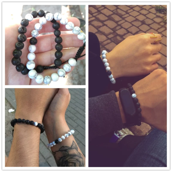 Bracelet amitié tressés à Distance pour Couples, pierres naturelles blanches et noires