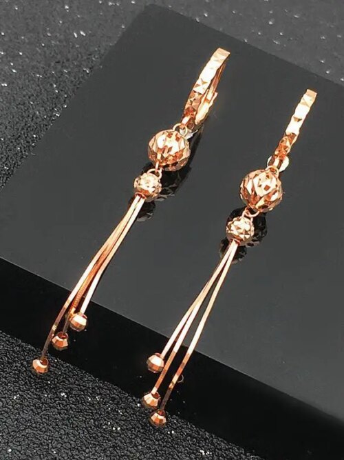 boucle d oreille chaine pendantes en or rose 14 carats avec pompon doux pour femme, perle ronde
