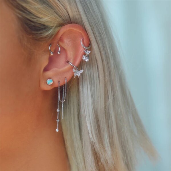 boucle d oreille chaine en argent Sterling 925, trois zircons, longues chaînes