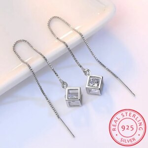 boucle d oreille chaine en argent regardé 925 véritable pour femme, bijoux fins classiques, carré, étoile