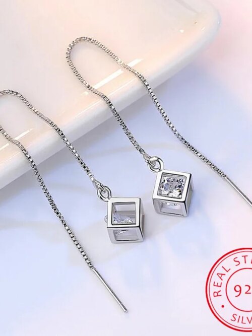 boucle d oreille chaine Élégant mode 925 Sterling Silver Cube amour fenêtre contre-indiqué conia