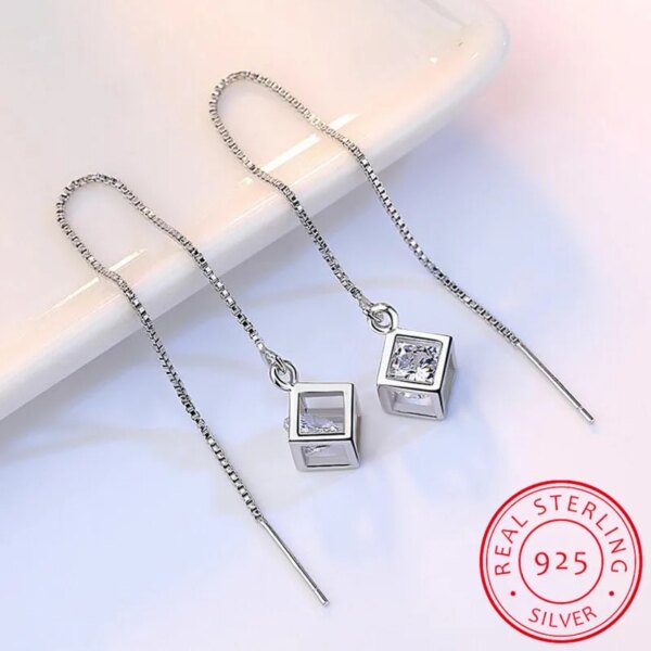 boucle d oreille chaine Élégant mode 925 Sterling Silver Cube amour fenêtre contre-indiqué conia