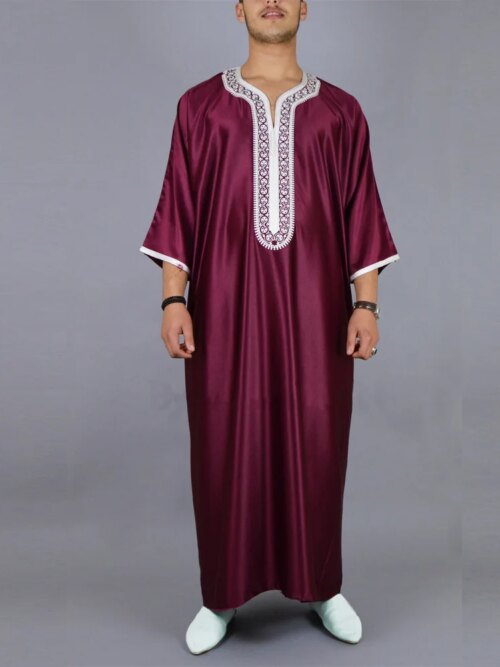 Abaya homme Thobe à manches courtes pour hommes musulmans, broderie de documents solides