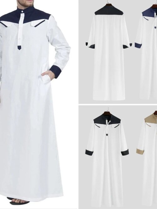 Abaya homme Thobe – Robe musulmane confortable pour hommes, Caftan à manches longues, couleur contrastée