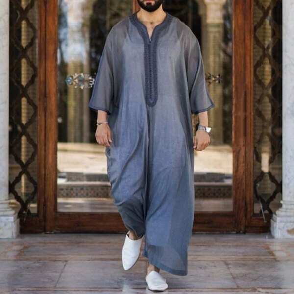 Abaya homme – Robe Caftan à col en V pour hommes, style musulman, rétro, moderne