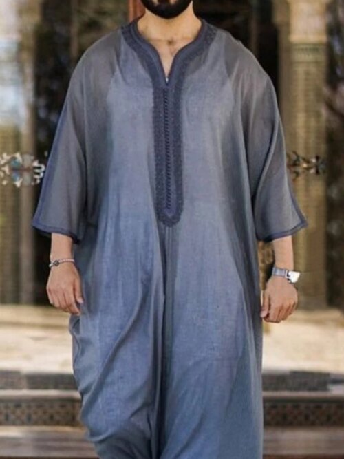 Abaya homme – Robe Caftan à col en V pour hommes, style musulman, rétro, moderne