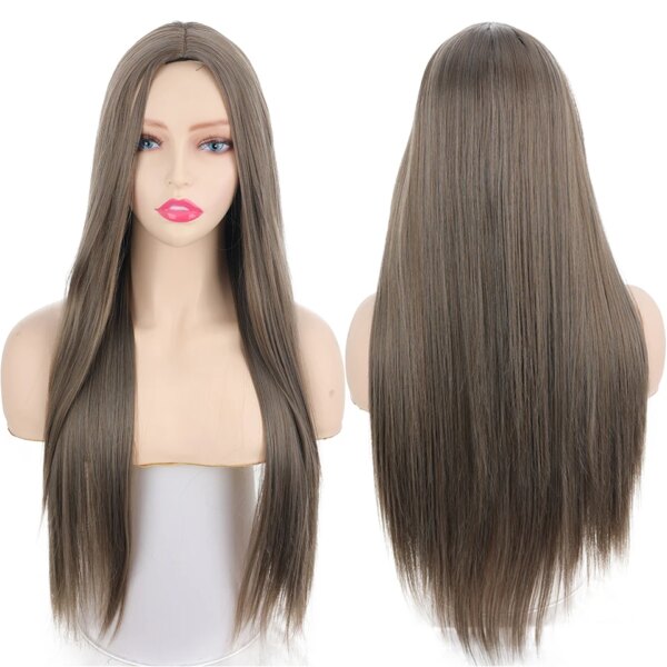 Perruque synthétique longue lisse noire à raie centrale, résistante à la chaleur