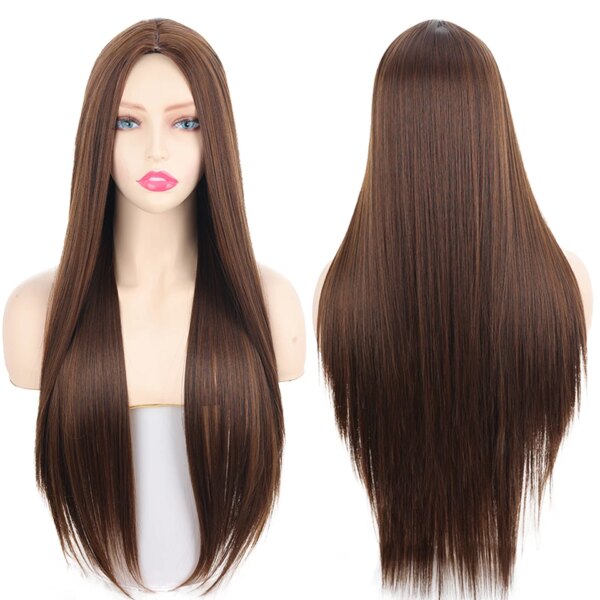 Perruque synthétique longue lisse noire à raie centrale, résistante à la chaleur