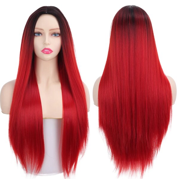 Perruque synthétique longue lisse noire à raie centrale, résistante à la chaleur