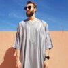 Abaya homme Robe musulmane à manches mi-longues pour hommes, bande verticale