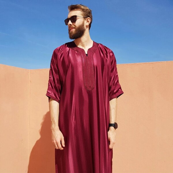 Abaya homme Robe musulmane à manches mi-longues pour hommes, bande verticale
