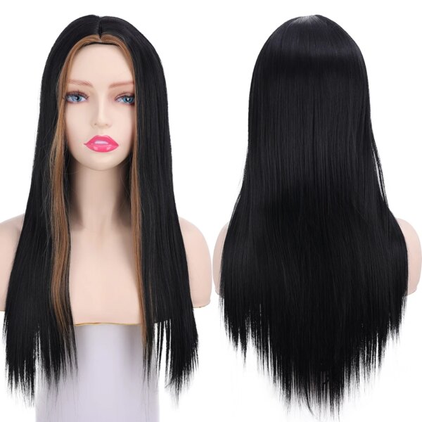 Perruque synthétique longue lisse noire à raie centrale, résistante à la chaleur