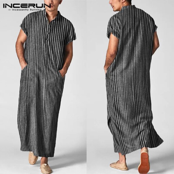 abaya homme Islamique Rayé à Manches Courtes pour Homme, Robes Musulmanes Décontractées en Coton