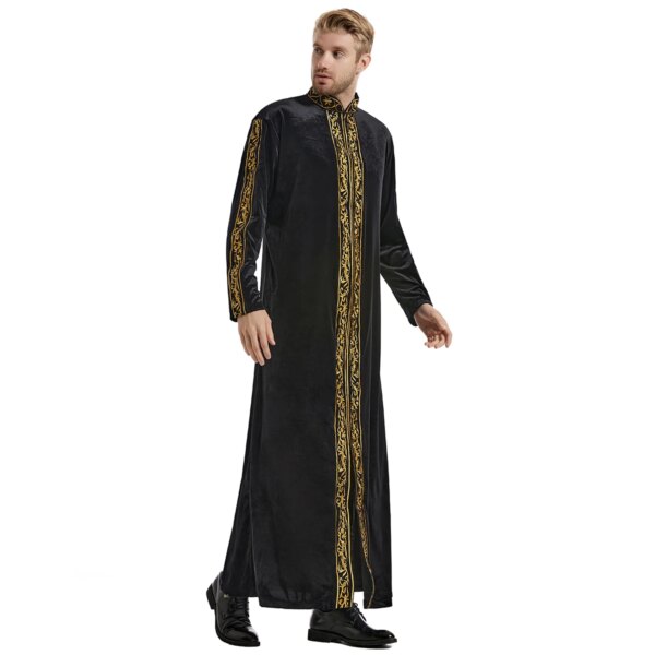 abaya homme – Robe musulmane brodée à col montant pour hommes, Robe islamique à manches longues