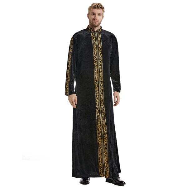 abaya homme – Robe musulmane brodée à col montant pour hommes, Robe islamique à manches longues