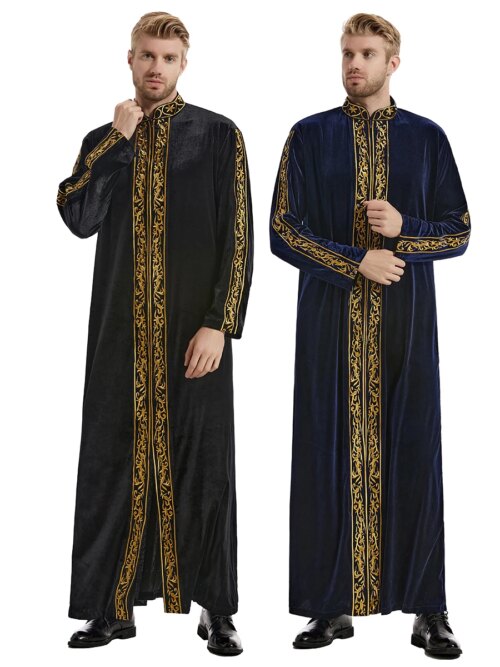 abaya homme – Robe musulmane brodée à col montant pour hommes, Robe islamique à manches longues