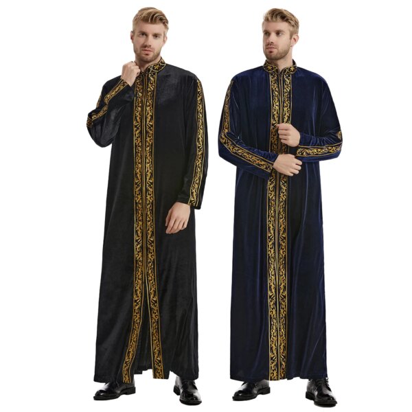abaya homme – Robe musulmane brodée à col montant pour hommes, Robe islamique à manches longues