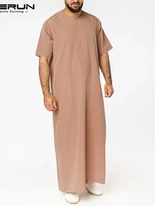 abaya homme Jubba Vintage à Manches Courtes et Col Rond pour Homme, Robes de Style Saoudien avec Fermeture Éclair