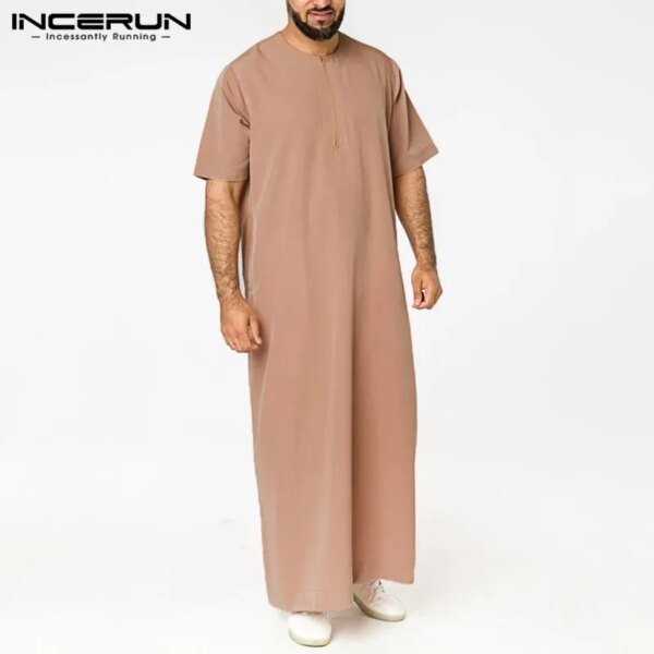 abaya homme Jubba Vintage à Manches Courtes et Col Rond pour Homme, Robes de Style Saoudien avec Fermeture Éclair