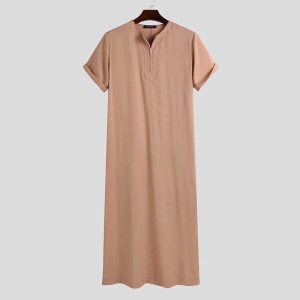 abaya homme Jubba Vintage à Manches Courtes et Col Rond pour Homme, Robes de Style Saoudien avec Fermeture Éclair
