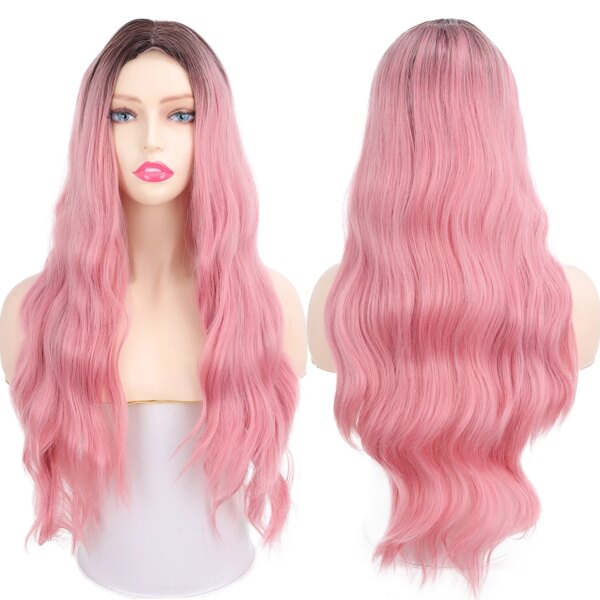 Perruque synthétique longue lisse noire à raie centrale, résistante à la chaleur