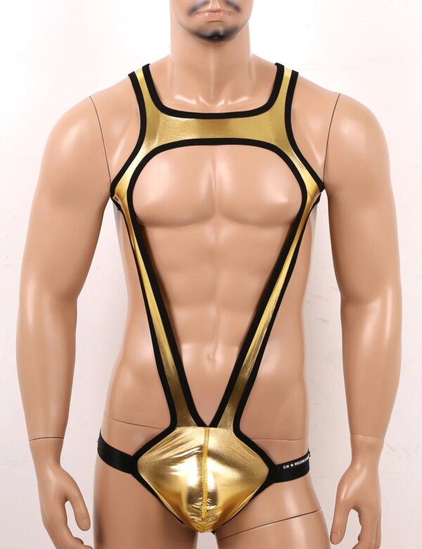 Mankini Sous-vêtements métalliques brillants à larges bretelles pour hommes, poudres bombées