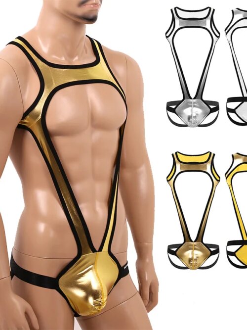 Mankini Sous-vêtements métalliques brillants à larges bretelles pour hommes, poudres bombées